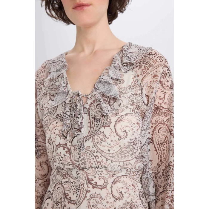 Defacto E7169 Bej Fırfırlı Yaka Etnik Desenli Şifon Uzun Kollu Midi Elbise