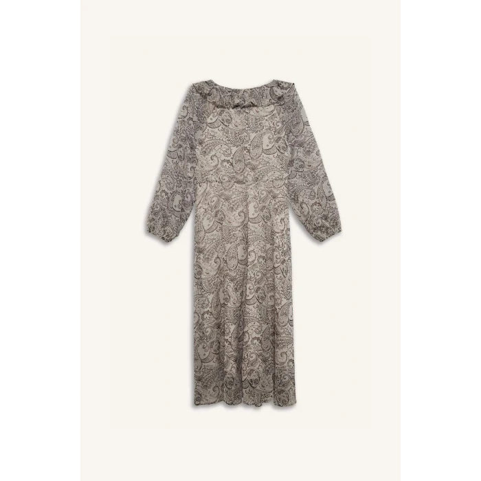 Defacto E7169 Bej Fırfırlı Yaka Etnik Desenli Şifon Uzun Kollu Midi Elbise