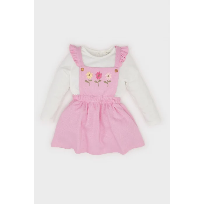 Defacto D9326 Pembe Kız Bebek 2li Takım Bisiklet Yaka Uzun Kollu Üst Askılı Salopet Elbise
