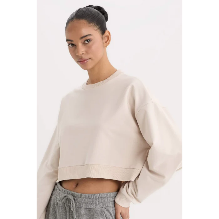 Defacto D7119 Bej DeFactoFit Bisiklet Yaka Basic Düz Sporcu Sweatshirt
