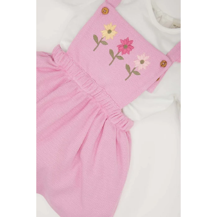 Defacto D9326 Pembe Kız Bebek 2li Takım Bisiklet Yaka Uzun Kollu Üst Askılı Salopet Elbise