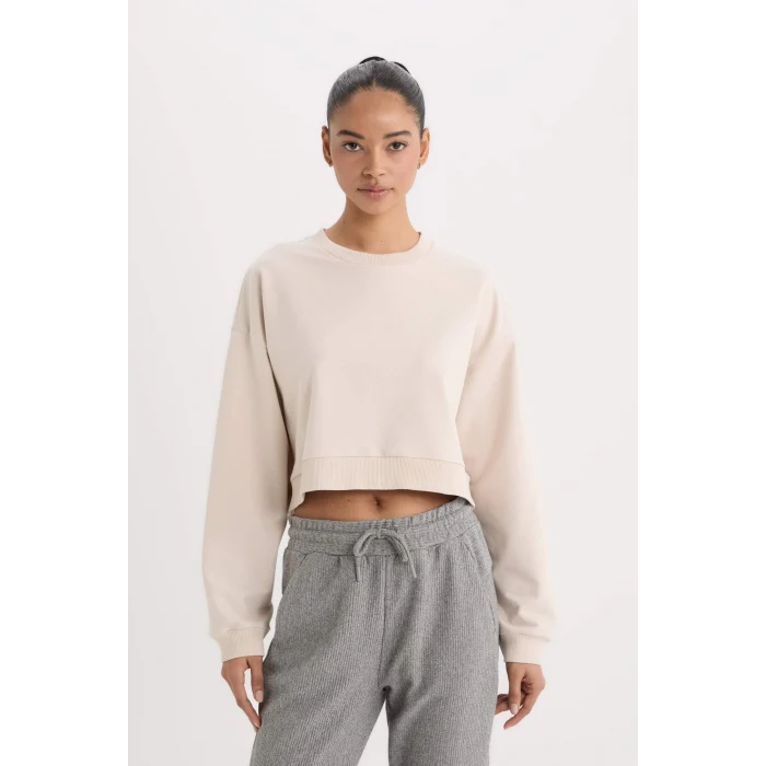 Defacto D7119 Bej DeFactoFit Bisiklet Yaka Basic Düz Sporcu Sweatshirt