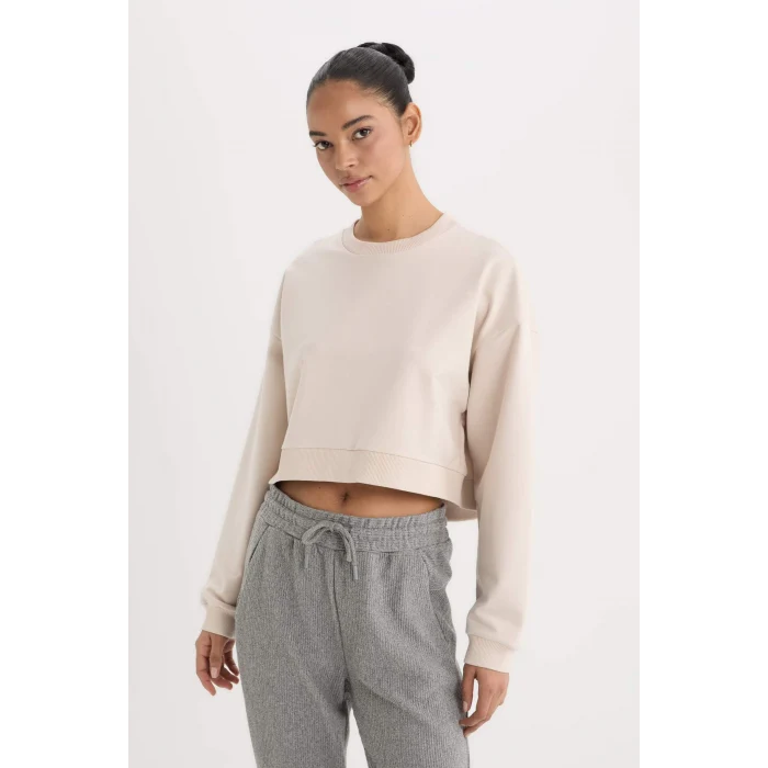 Defacto D7119 Bej DeFactoFit Bisiklet Yaka Basic Düz Sporcu Sweatshirt