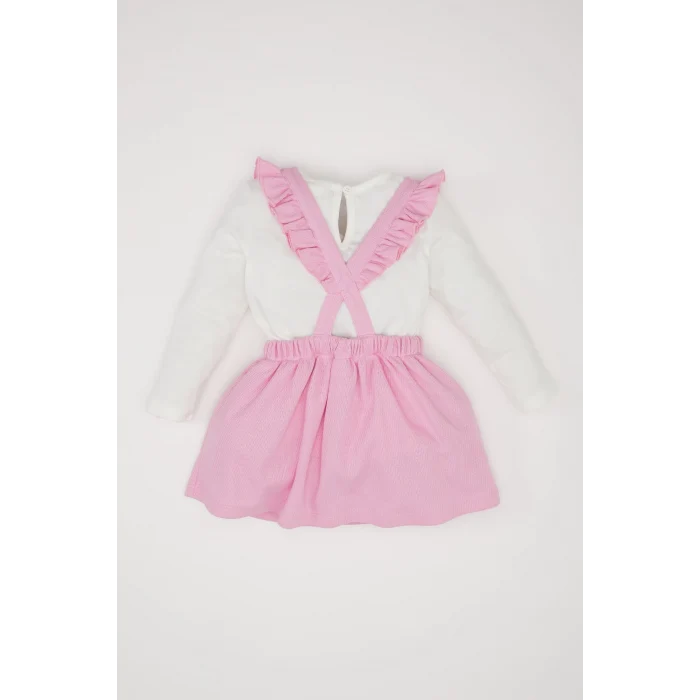 Defacto D9326 Pembe Kız Bebek 2li Takım Bisiklet Yaka Uzun Kollu Üst Askılı Salopet Elbise