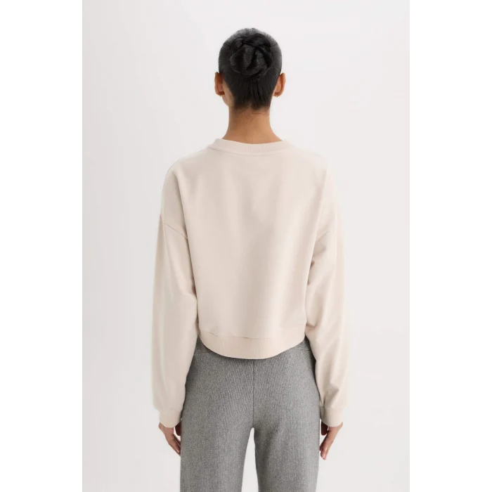 Defacto D7119 Bej DeFactoFit Bisiklet Yaka Basic Düz Sporcu Sweatshirt