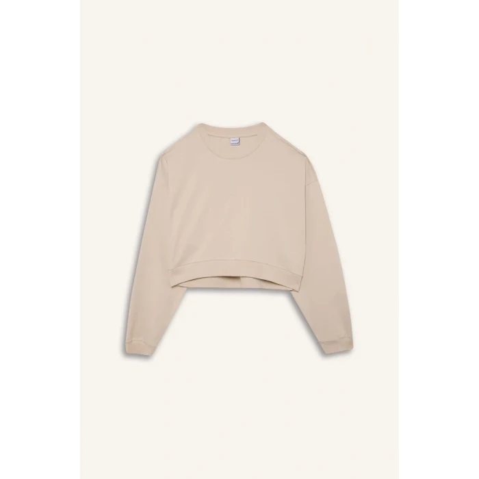Defacto D7119 Bej DeFactoFit Bisiklet Yaka Basic Düz Sporcu Sweatshirt