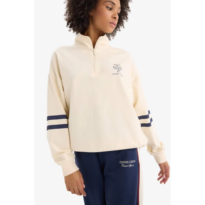 Defacto D7132 Ekru DeFactoFit Oversize Geniş Kalıp Yarım Fermuarlı Baskılı Sporcu Sweatshirt