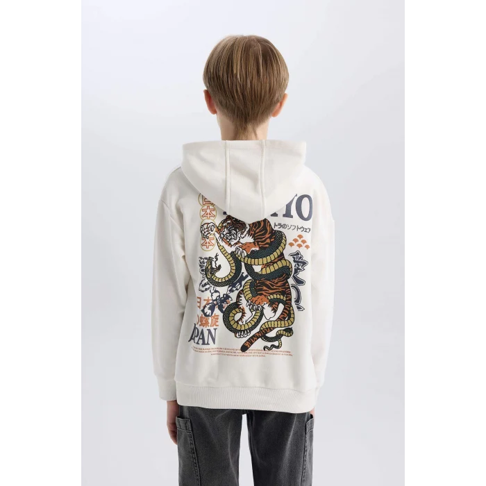 Defacto D8495 Beyaz Erkek Çocuk Oversize Geniş Kalıp Kapüşonlu Sırt Baskılı Sweatshirt
