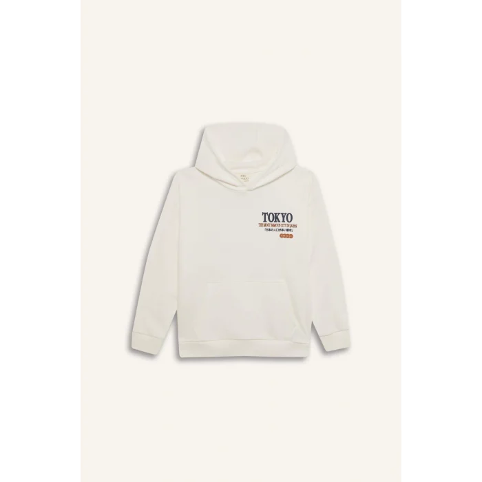 Defacto D8495 Beyaz Erkek Çocuk Oversize Geniş Kalıp Kapüşonlu Sırt Baskılı Sweatshirt