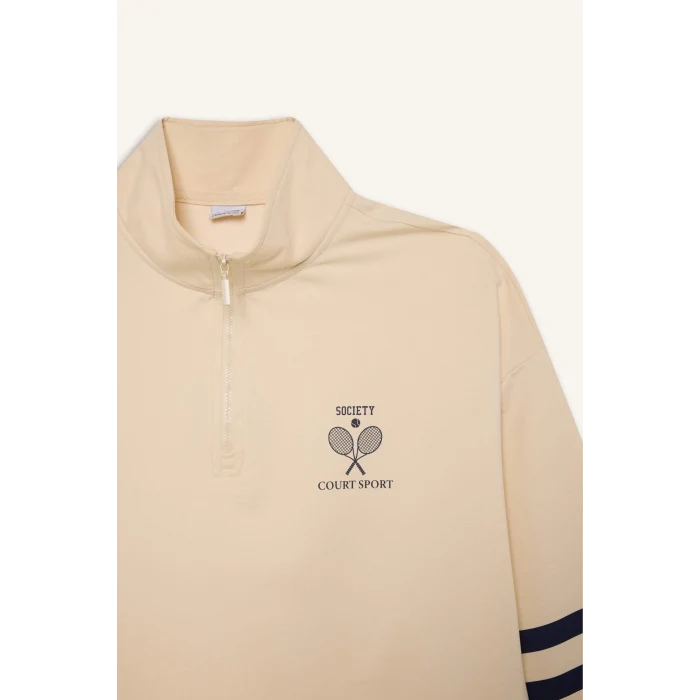 Defacto D7132 Ekru DeFactoFit Oversize Geniş Kalıp Yarım Fermuarlı Baskılı Sporcu Sweatshirt