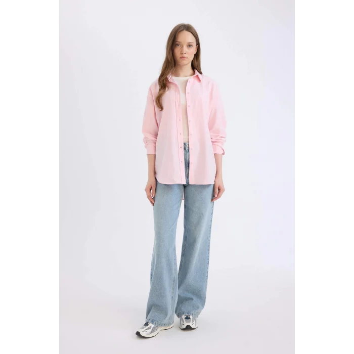 Defacto B8309 Pembe Relax Fit Oxford Uzun Kollu Gömlek Tunik
