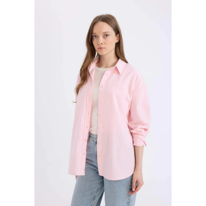 Defacto B8309 Pembe Relax Fit Oxford Uzun Kollu Gömlek Tunik
