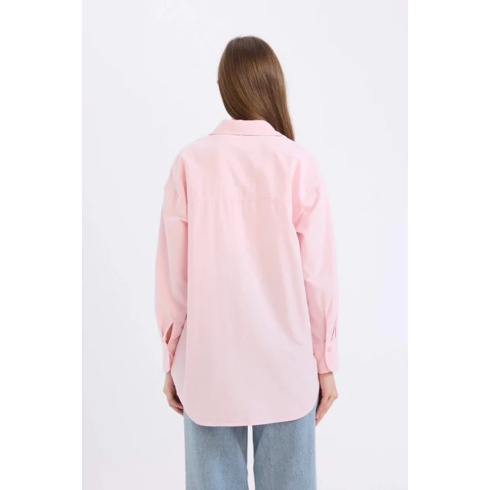 Defacto B8309 Pembe Relax Fit Oxford Uzun Kollu Gömlek Tunik