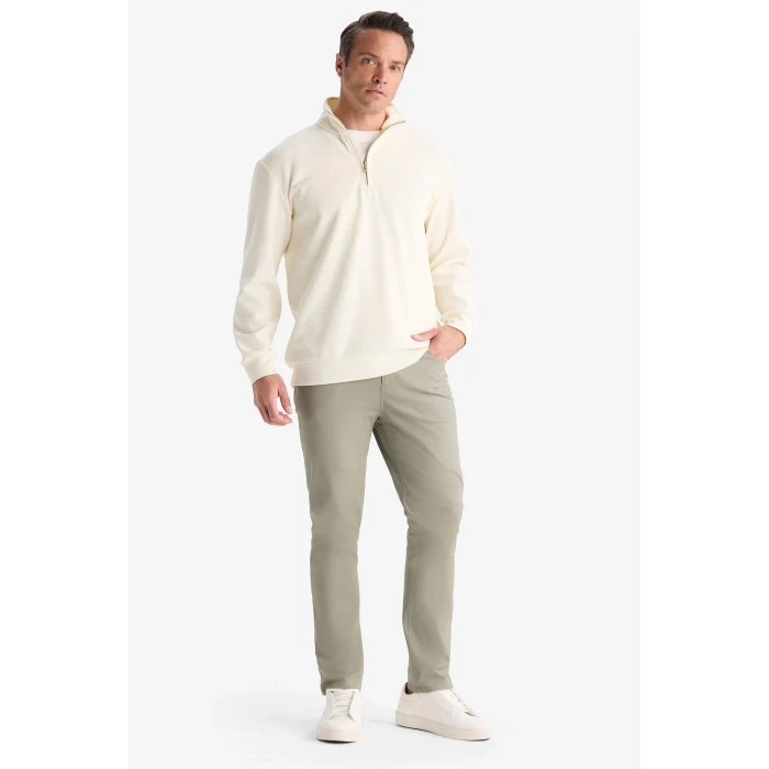 Defacto D7543 Ekru Comfort Fit Dik Yaka Dokulu Yarım Fermuarlı Waffle Sweatshirt
