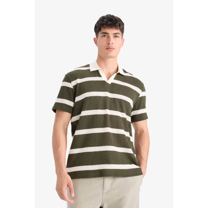 Defacto E3965 Haki Regular Fit Polo Yaka Kısa Kollu Triko Görünümlü Polo Tişört