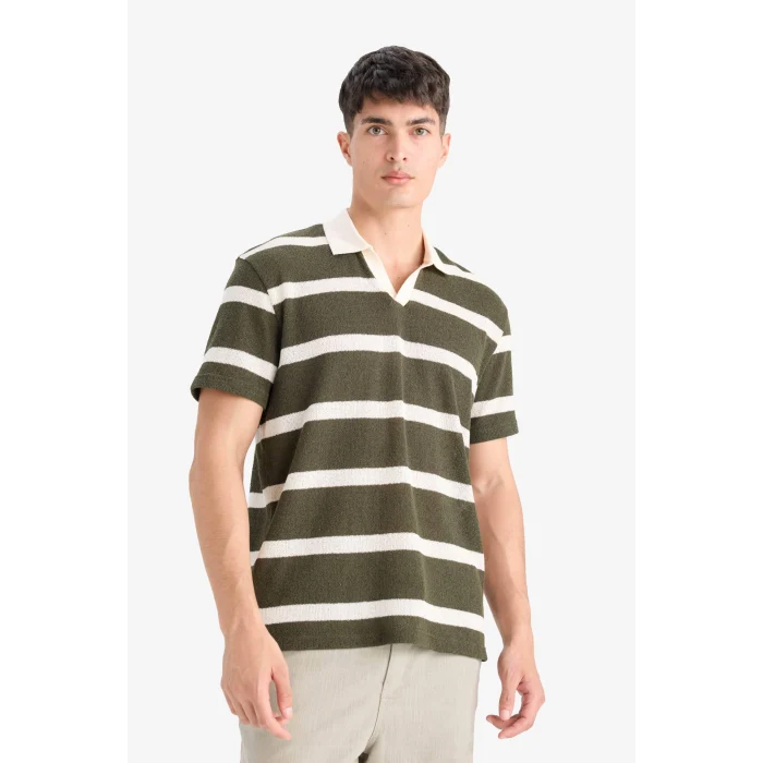 Defacto E3965 Haki Regular Fit Polo Yaka Kısa Kollu Triko Görünümlü Polo Tişört