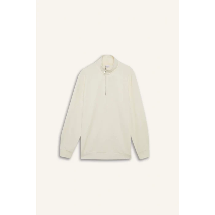 Defacto D7543 Ekru Comfort Fit Dik Yaka Dokulu Yarım Fermuarlı Waffle Sweatshirt