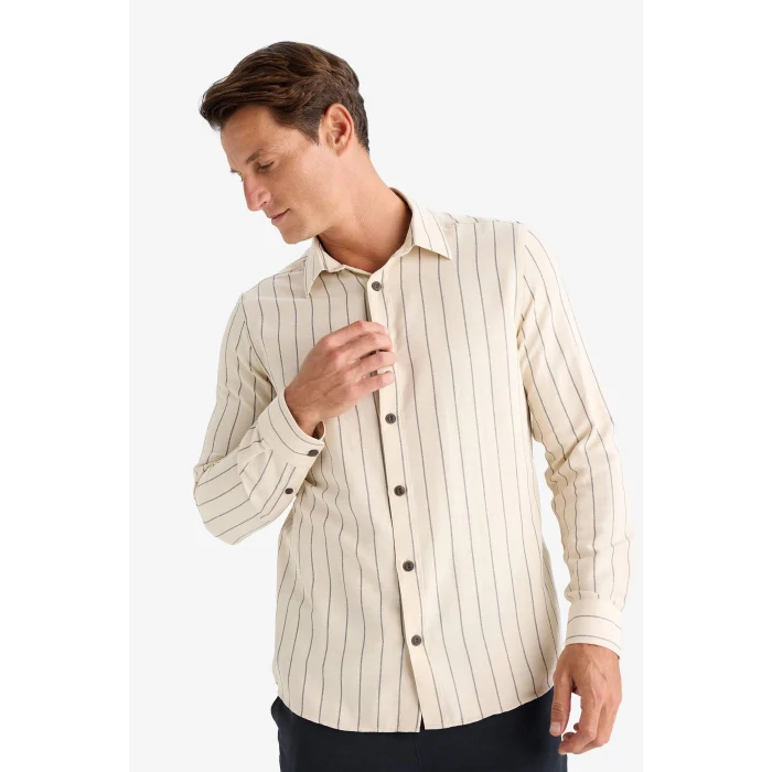 Defacto D6146 Ekru Regular Fit Çizgili Pamuklu Uzun Kollu Gömlek