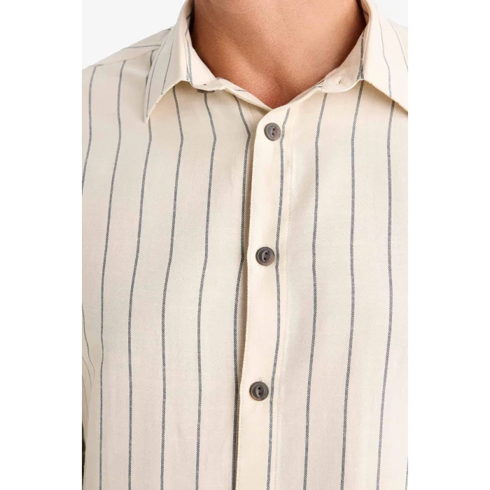 Defacto D6146 Ekru Regular Fit Çizgili Pamuklu Uzun Kollu Gömlek