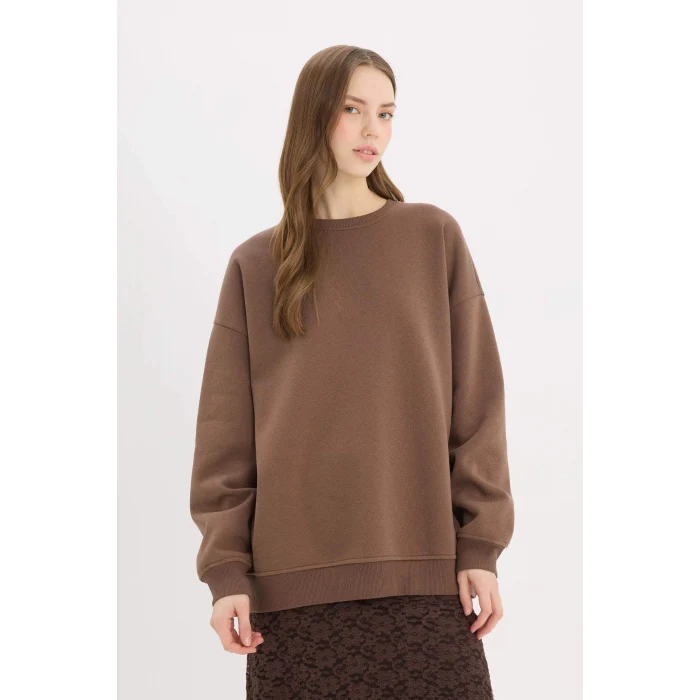 Defacto Y1346 Kahve Oversize Geniş Kalıp Bisiklet Yaka Basic Düz Kalın Sweatshirt