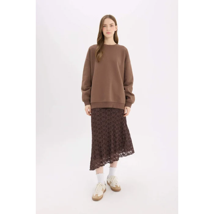 Defacto Y1346 Kahve Oversize Geniş Kalıp Bisiklet Yaka Basic Düz Kalın Sweatshirt