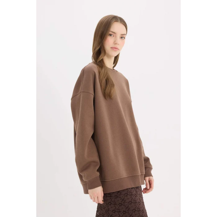 Defacto Y1346 Kahve Oversize Geniş Kalıp Bisiklet Yaka Basic Düz Kalın Sweatshirt