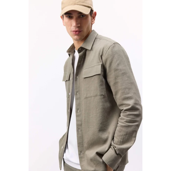 Defacto D6149 Haki %100 Pamuk Regular Fit Polo Yaka Uzun Kollu Keten Görünümlü Gömlek