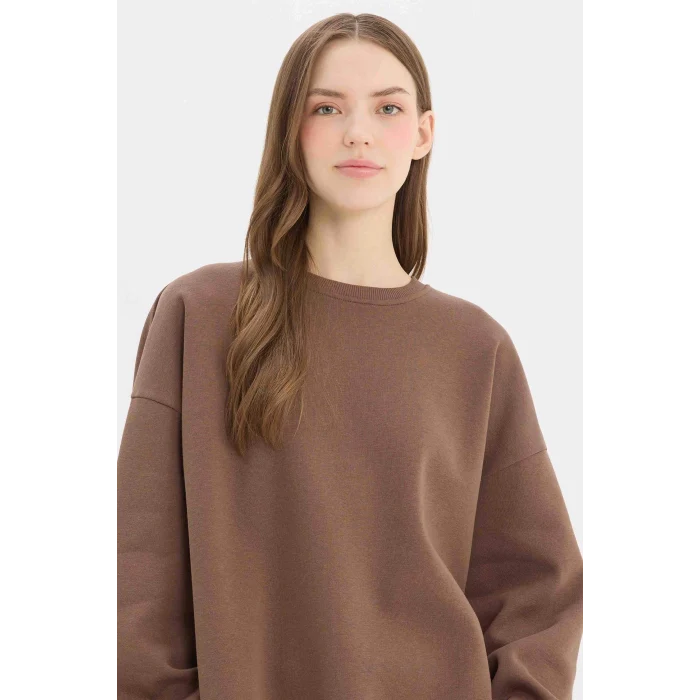 Defacto Y1346 Kahve Oversize Geniş Kalıp Bisiklet Yaka Basic Düz Kalın Sweatshirt