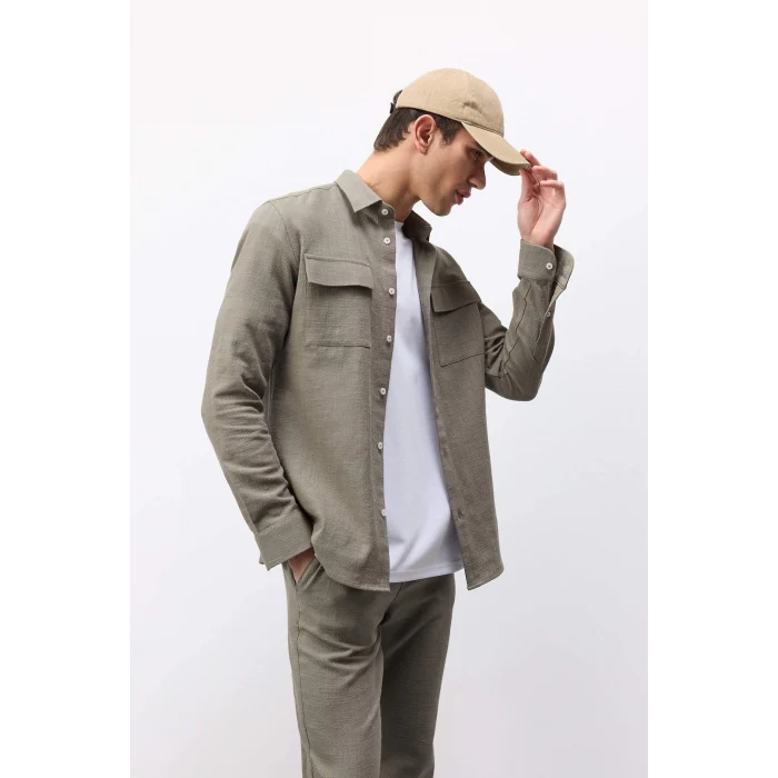 Defacto D6149 Haki %100 Pamuk Regular Fit Polo Yaka Uzun Kollu Keten Görünümlü Gömlek