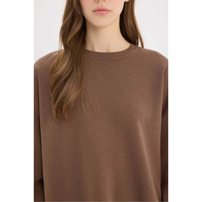Defacto Y1346 Kahve Oversize Geniş Kalıp Bisiklet Yaka Basic Düz Kalın Sweatshirt