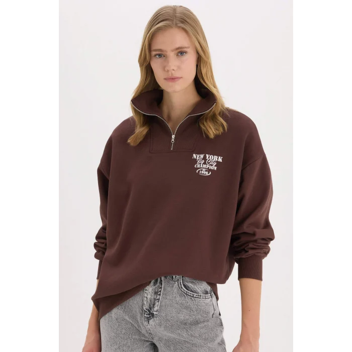 Defacto E9281 Kahve Coool Oversize Geniş Kalıp Fermuarlı Dik Yaka Baskılı Kalın Sweatshirt