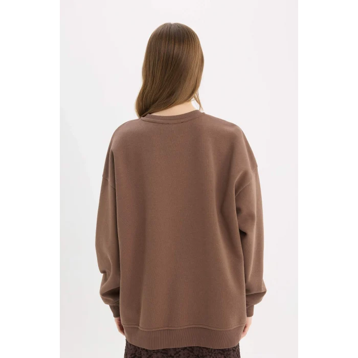 Defacto Y1346 Kahve Oversize Geniş Kalıp Bisiklet Yaka Basic Düz Kalın Sweatshirt