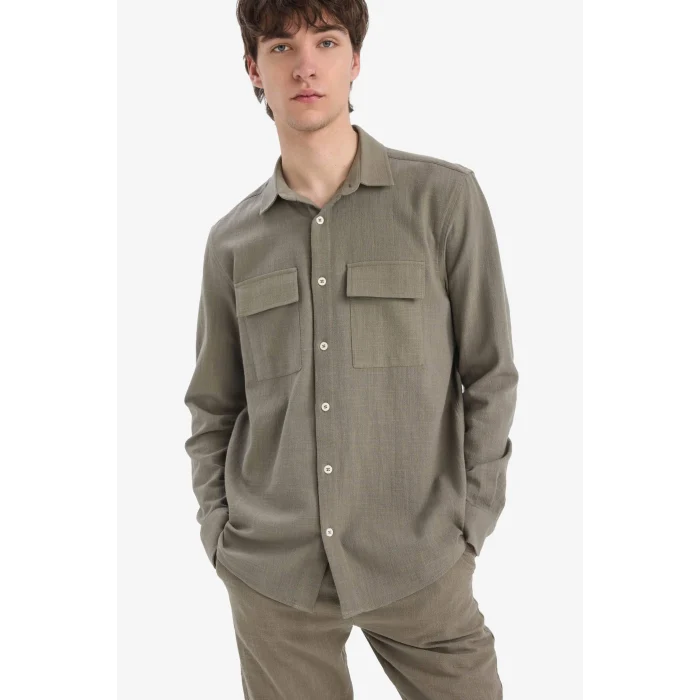 Defacto D6149 Haki %100 Pamuk Regular Fit Polo Yaka Uzun Kollu Keten Görünümlü Gömlek