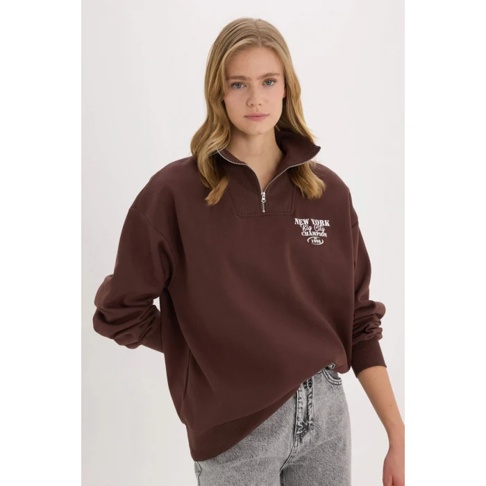 Defacto E9281 Kahve Coool Oversize Geniş Kalıp Fermuarlı Dik Yaka Baskılı Kalın Sweatshirt