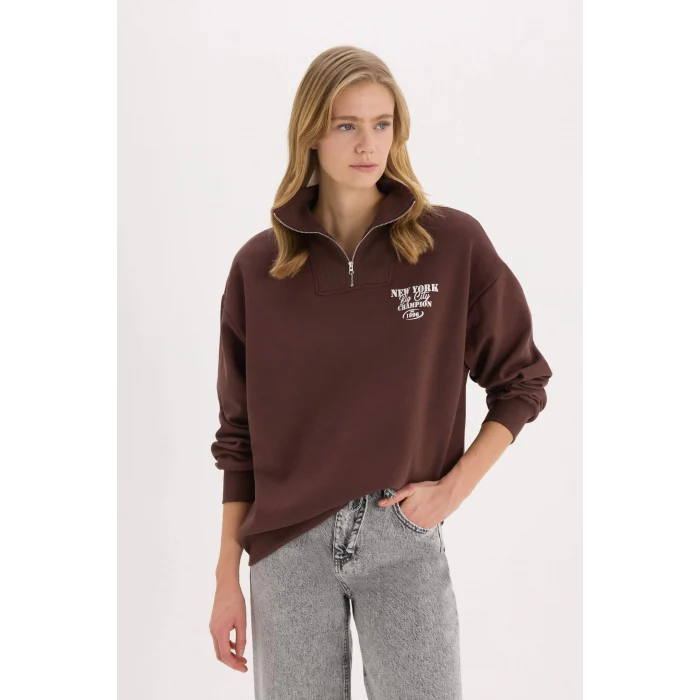 Defacto E9281 Kahve Coool Oversize Geniş Kalıp Fermuarlı Dik Yaka Baskılı Kalın Sweatshirt