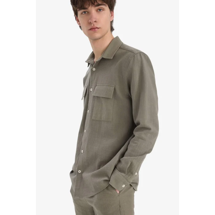 Defacto D6149 Haki %100 Pamuk Regular Fit Polo Yaka Uzun Kollu Keten Görünümlü Gömlek