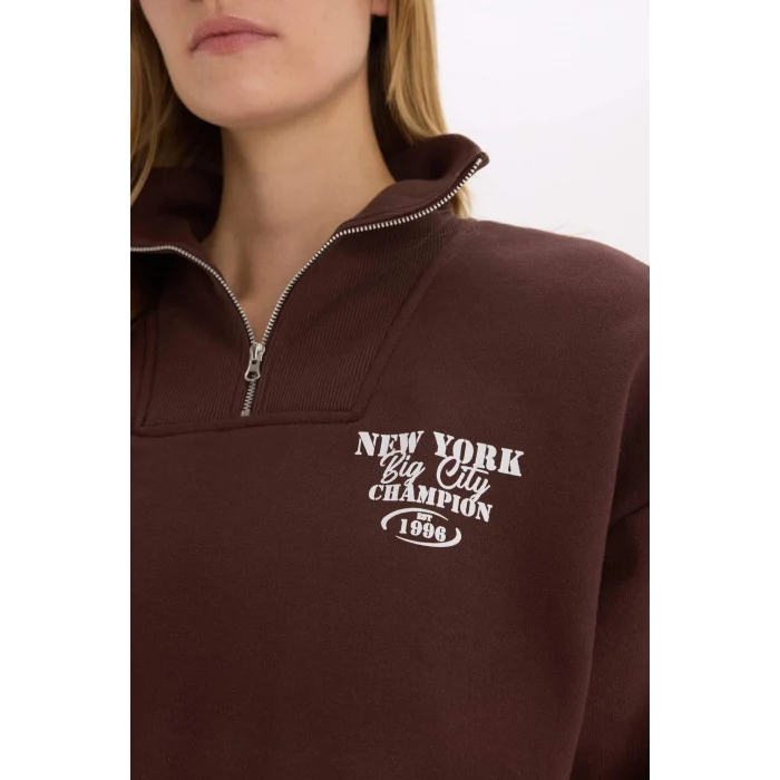 Defacto E9281 Kahve Coool Oversize Geniş Kalıp Fermuarlı Dik Yaka Baskılı Kalın Sweatshirt