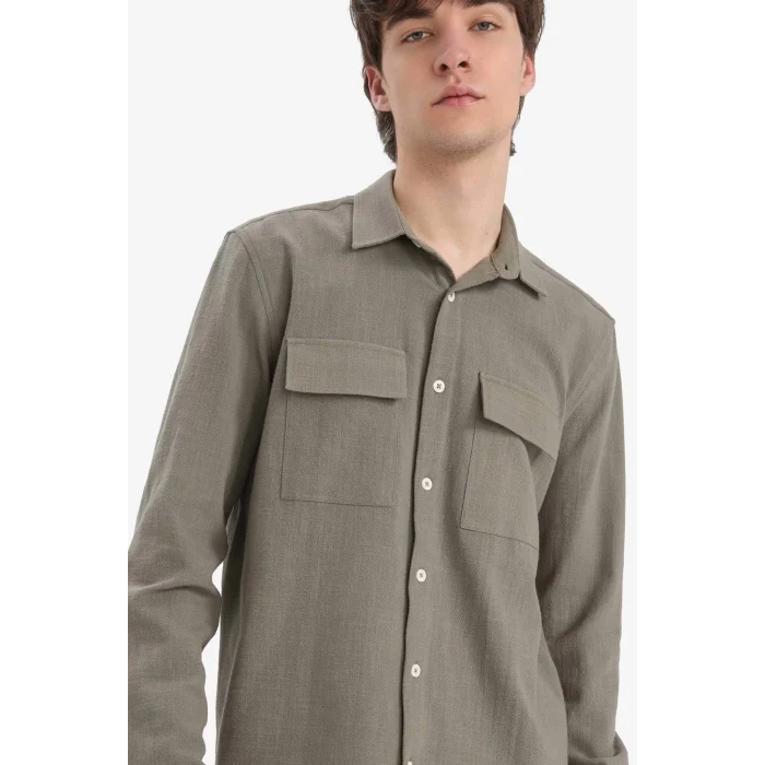 Defacto D6149 Haki %100 Pamuk Regular Fit Polo Yaka Uzun Kollu Keten Görünümlü Gömlek