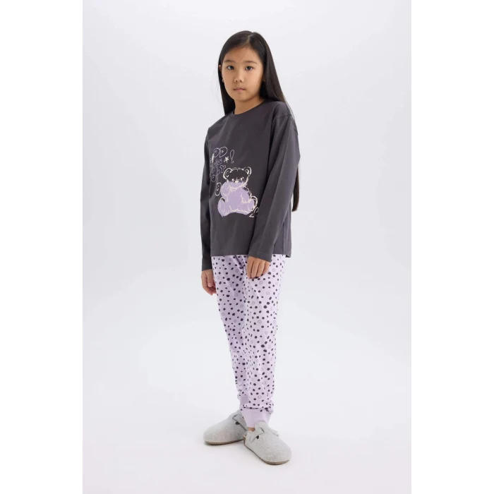 Defacto E0532 Antrasit Kız Çocuk Pijama Takımı Baskılı Uzun Kollu Üst Esnek Belli Desenli Uzun Alt