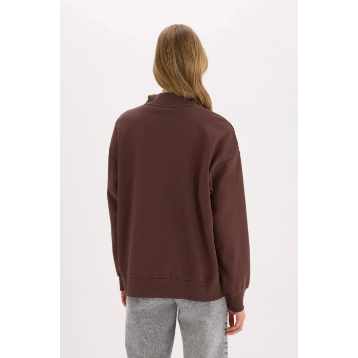 Defacto E9281 Kahve Coool Oversize Geniş Kalıp Fermuarlı Dik Yaka Baskılı Kalın Sweatshirt