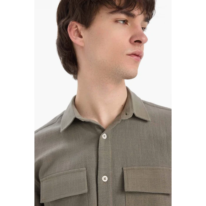 Defacto D6149 Haki %100 Pamuk Regular Fit Polo Yaka Uzun Kollu Keten Görünümlü Gömlek