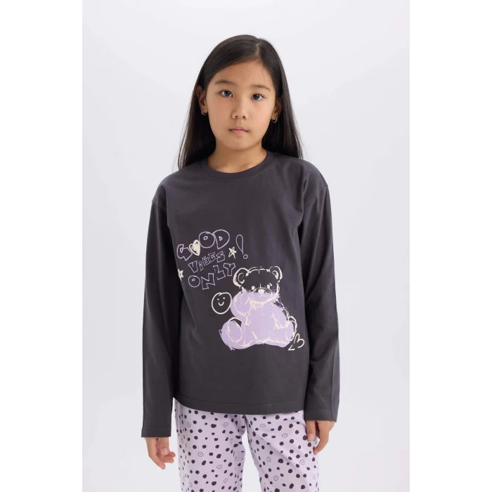 Defacto E0532 Antrasit Kız Çocuk Pijama Takımı Baskılı Uzun Kollu Üst Esnek Belli Desenli Uzun Alt