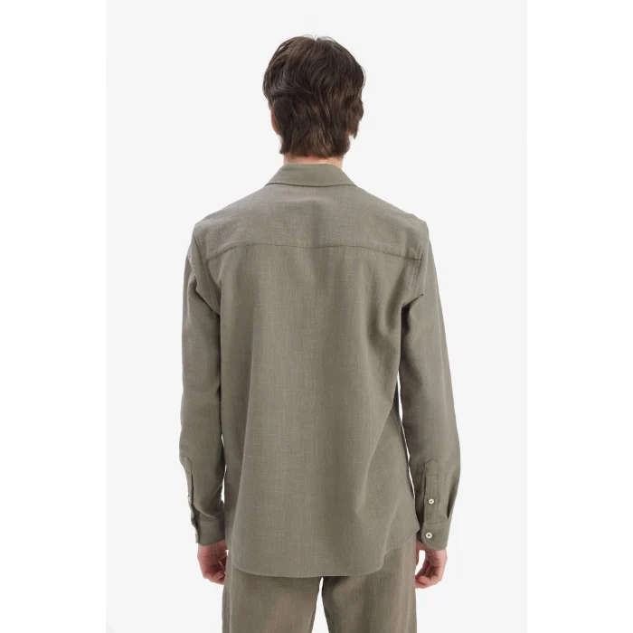 Defacto D6149 Haki %100 Pamuk Regular Fit Polo Yaka Uzun Kollu Keten Görünümlü Gömlek