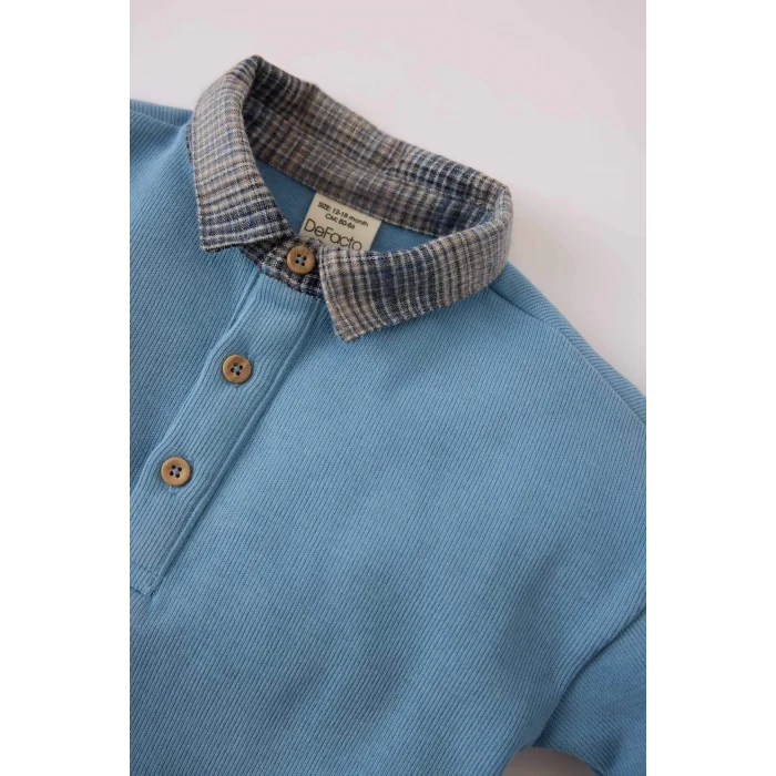 Defacto E0321 Mavi Erkek Bebek 2li Takım Gömlek Yaka Sweatshirt Beli Lastikli Alt