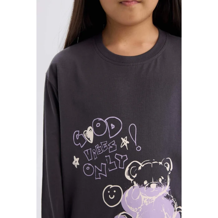 Defacto E0532 Antrasit Kız Çocuk Pijama Takımı Baskılı Uzun Kollu Üst Esnek Belli Desenli Uzun Alt
