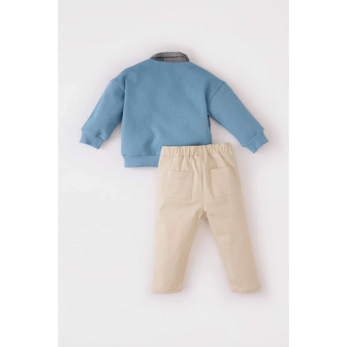 Defacto E0321 Mavi Erkek Bebek 2li Takım Gömlek Yaka Sweatshirt Beli Lastikli Alt