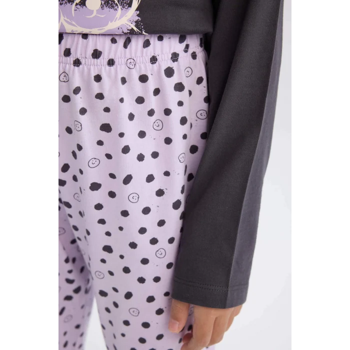 Defacto E0532 Antrasit Kız Çocuk Pijama Takımı Baskılı Uzun Kollu Üst Esnek Belli Desenli Uzun Alt