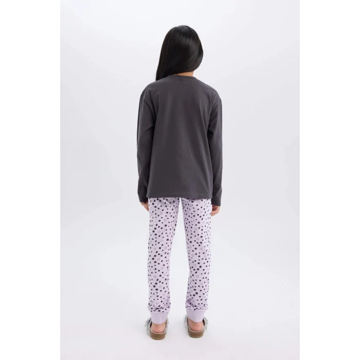 Defacto E0532 Antrasit Kız Çocuk Pijama Takımı Baskılı Uzun Kollu Üst Esnek Belli Desenli Uzun Alt