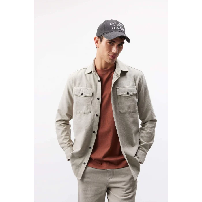 Defacto B2654 Bej %100 Pamuk Regular Fit Polo Yaka Basic Düz Uzun Kollu Gömlek