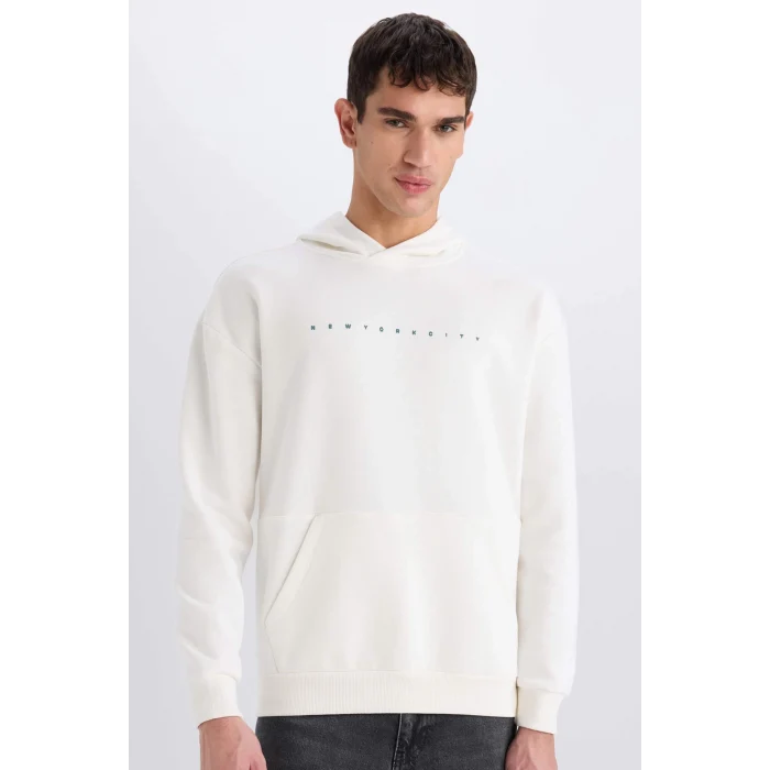 Defacto D8021 Ekru Boxy Fit Kapüşonlu Sırt Baskılı Sweatshirt